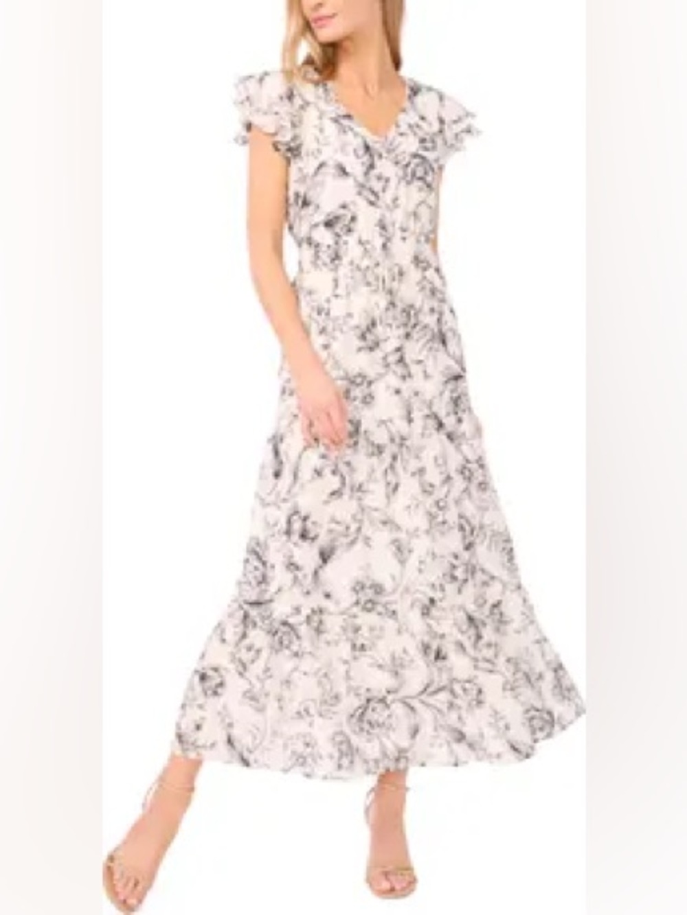 81. Halogen • NWOT White Maxi Dress with Black Floral Print PTP 21-23”